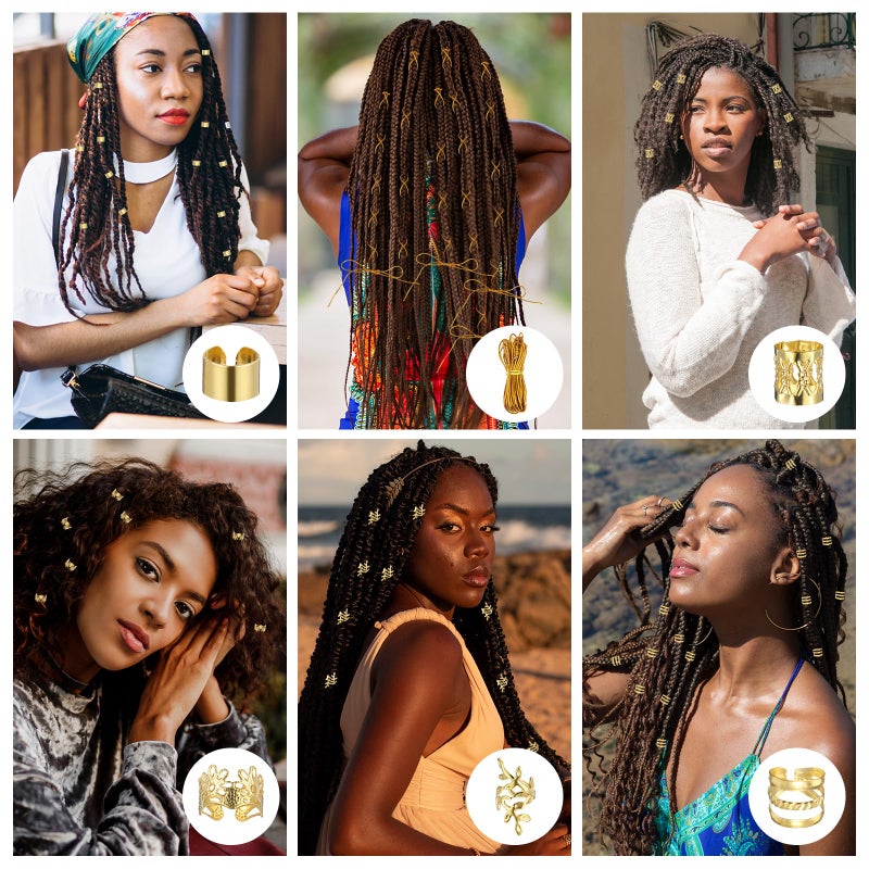 Tyqour 50Pcs Gold Hair Jewelry - Braids Accessories With 2Pcs 5M Strings, Adjustable Rings, Cuffs, Charms, Beads Decorations for Men & Women - Image 3